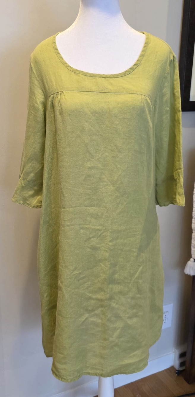 FLAX Linen Dress S Green Lagenlook Garden Party Pockets Boho Chic Midi Relaxed